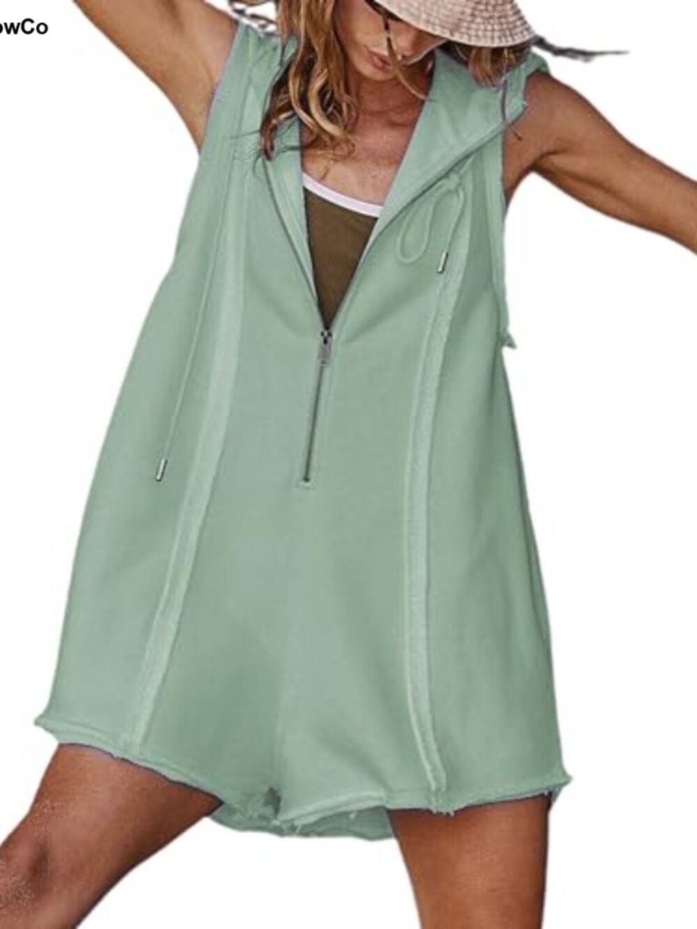Women's Sleeveless Hood Romper Relaxed Half Zip Overalls Cotton Blend Jumpsuit